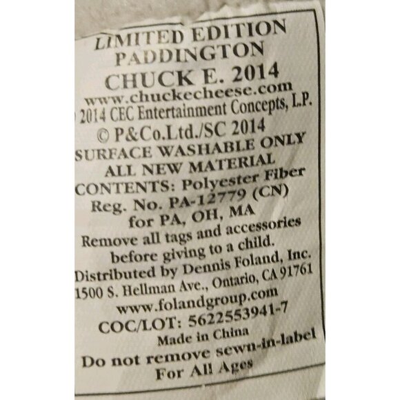 Chuck E Cheese Limited Edition Paddington Bear 2014 Mouse - Picture 4 of 5